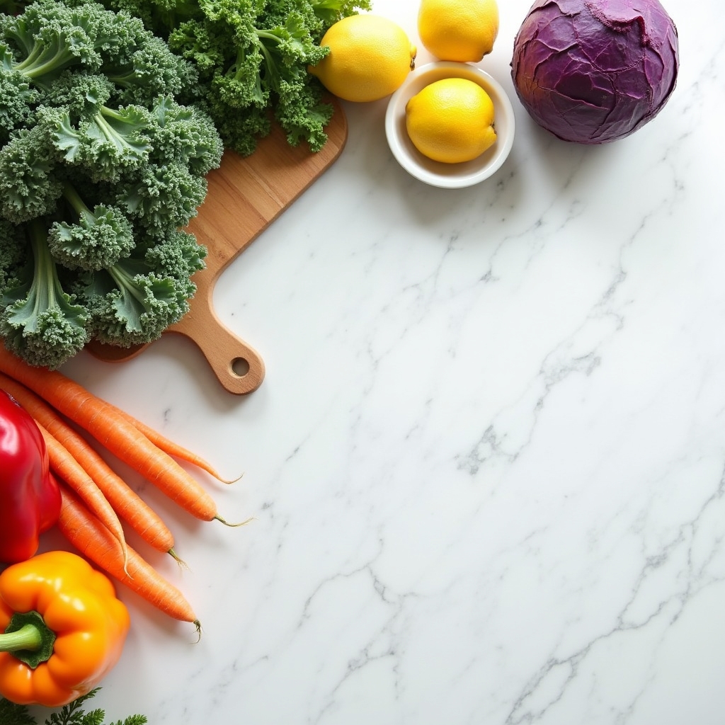 Fresh colorful vegetables and whole foods arranged on a kitchen counter, bright natural daylight, healthy cooking preparation