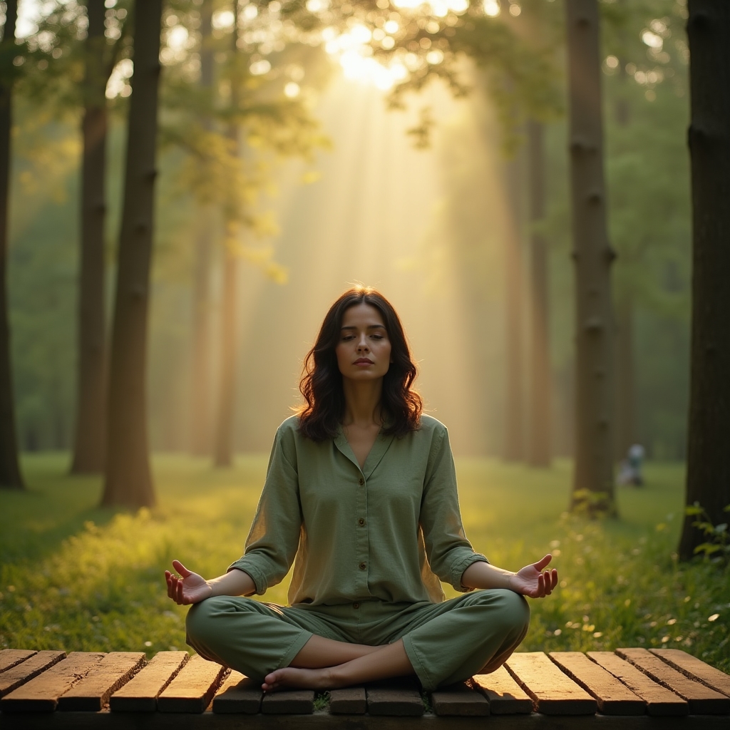 Person practicing mindfulness in a peaceful natural setting, morning light filtering through trees