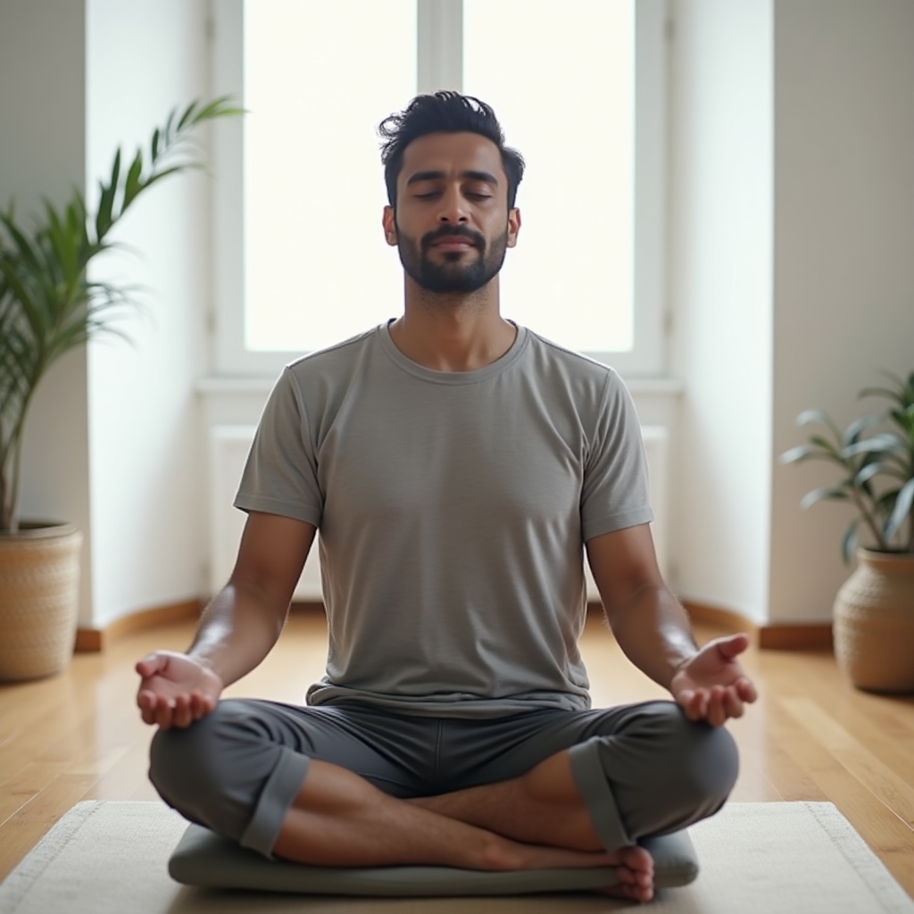 Individual seated in a quiet indoor space practicing mindfulness meditation, soft natural light, peaceful atmosphere