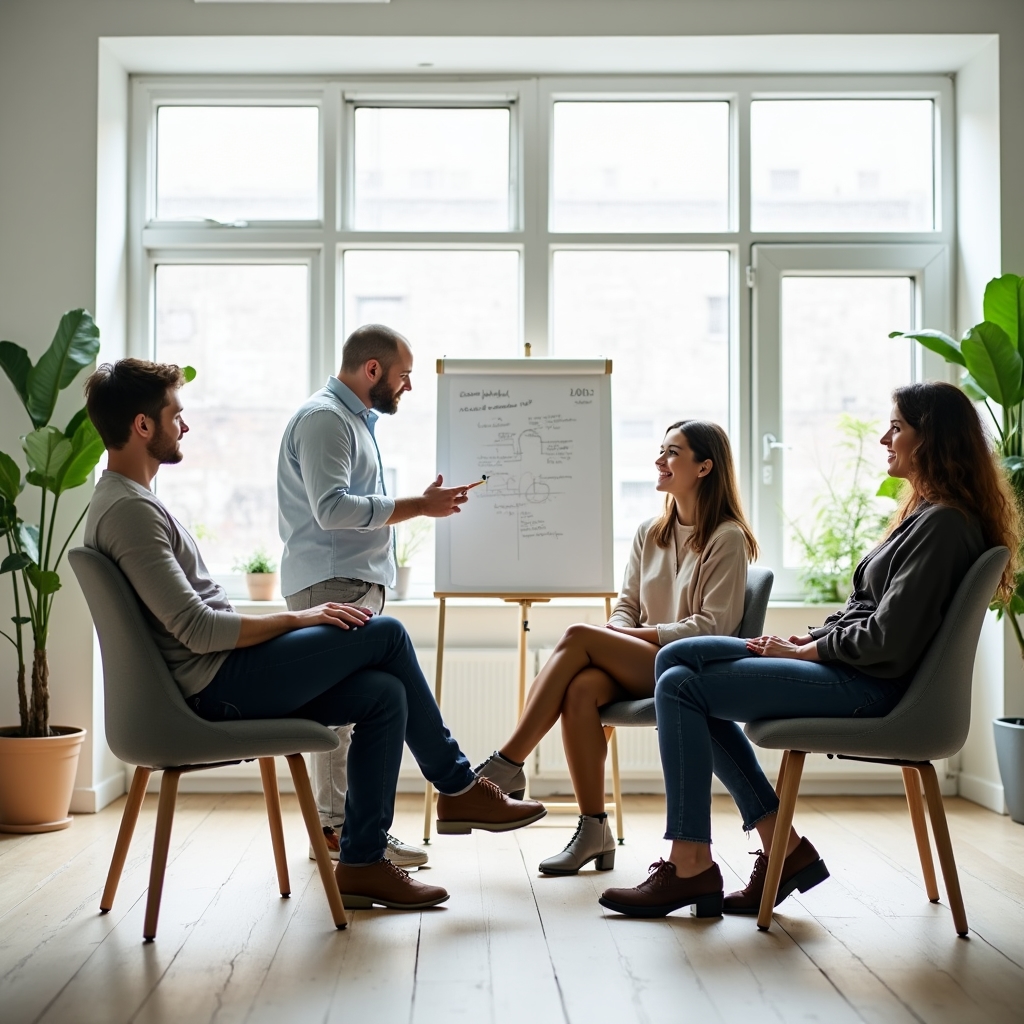 Workshop setting with participants learning stress management techniques in a calm environment