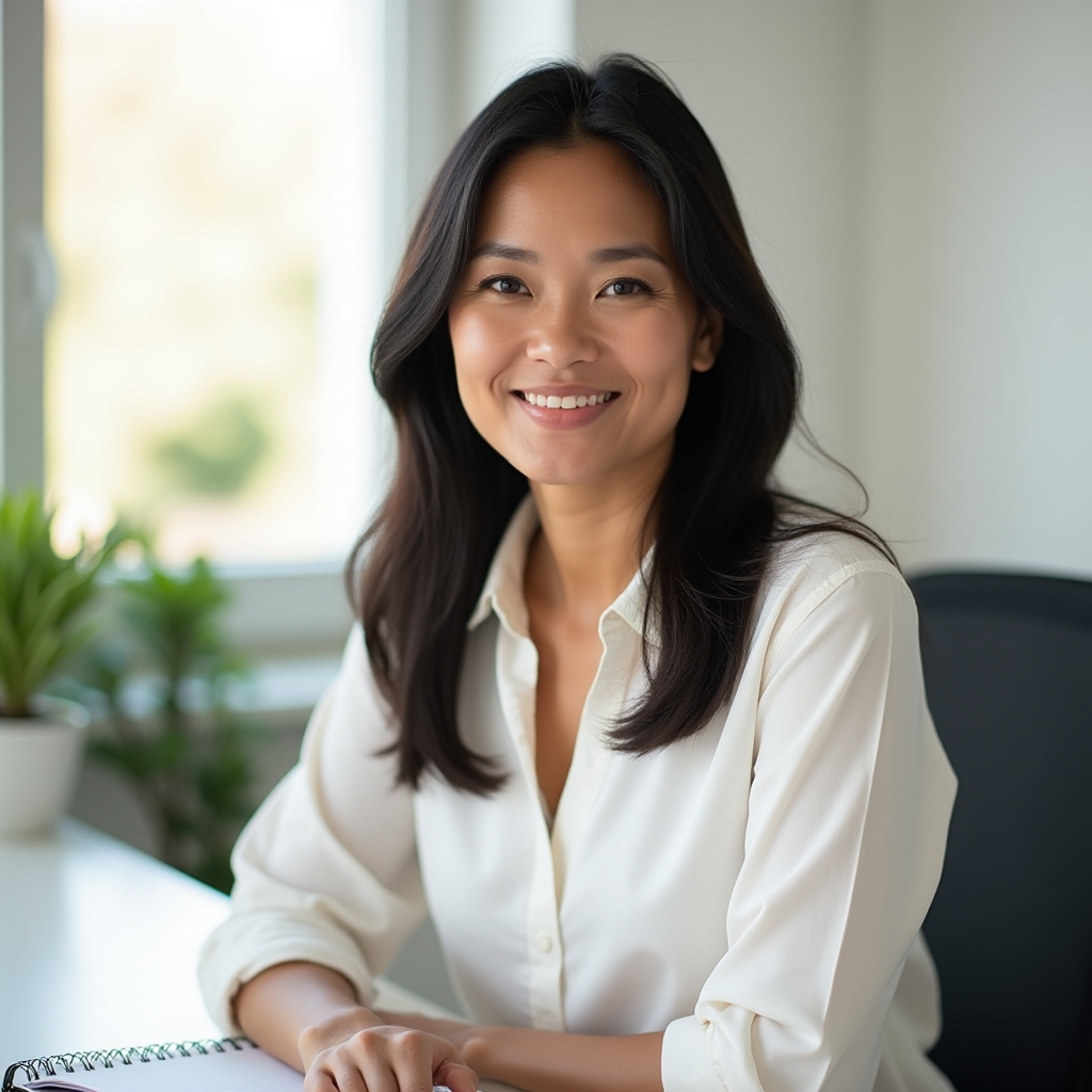 Lena Dijk, registered dietitian and nutrition content writer, professional portrait at desk