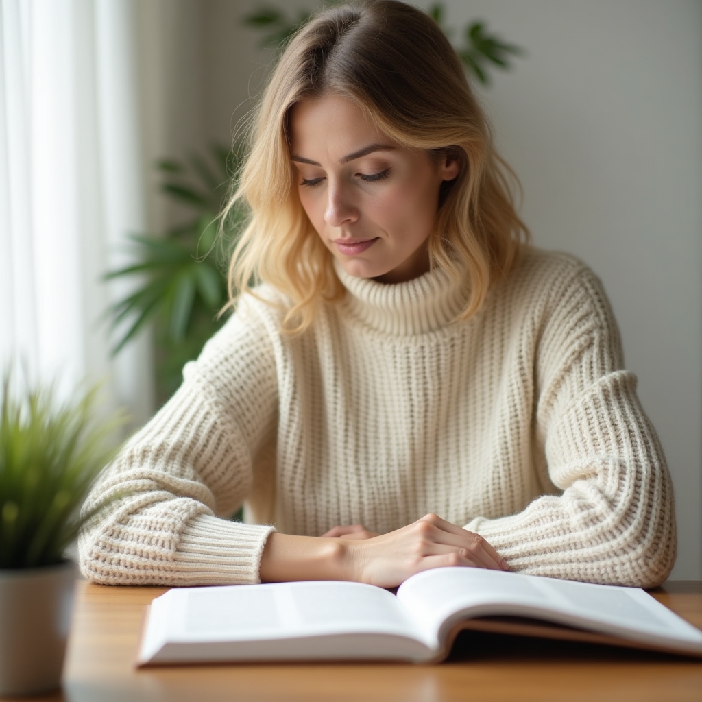 Person reading wellness educational material at a calm, well-lit workspace with plants nearby